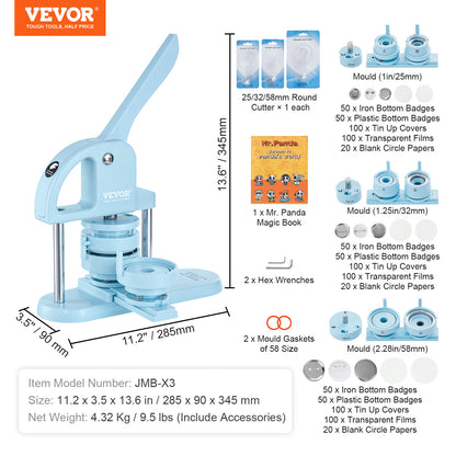 VEVOR Macchina per Bottoni, 1/1.25/2.28 pollici (25/32/58mm) 3-IN-1 Pin Maker, 300 Pezzi di Ricambio per Bottoni, Macchina per Bottoni con Libro Magico del Panda, Kit di Pressa a Punzone con Manico Arco Ergonomico, Per Regali Fai da Te per Bambini