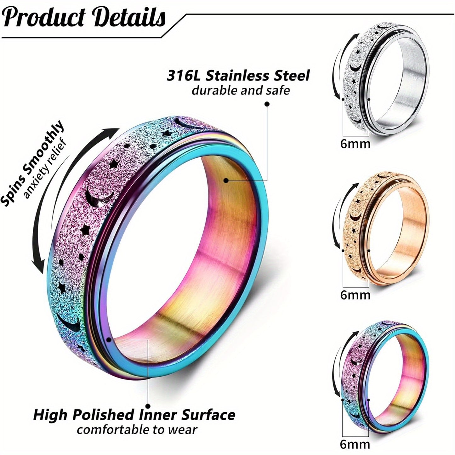 Anelli Antiansia Spinner Anelli Antistress Fidget Band per Donne e Uomini Anelli a Rullo in Acciaio Inossidabile Anelli Portafortuna -preoccupazione Anelli Antiansia Luna Stella Misura J-R 1/2
