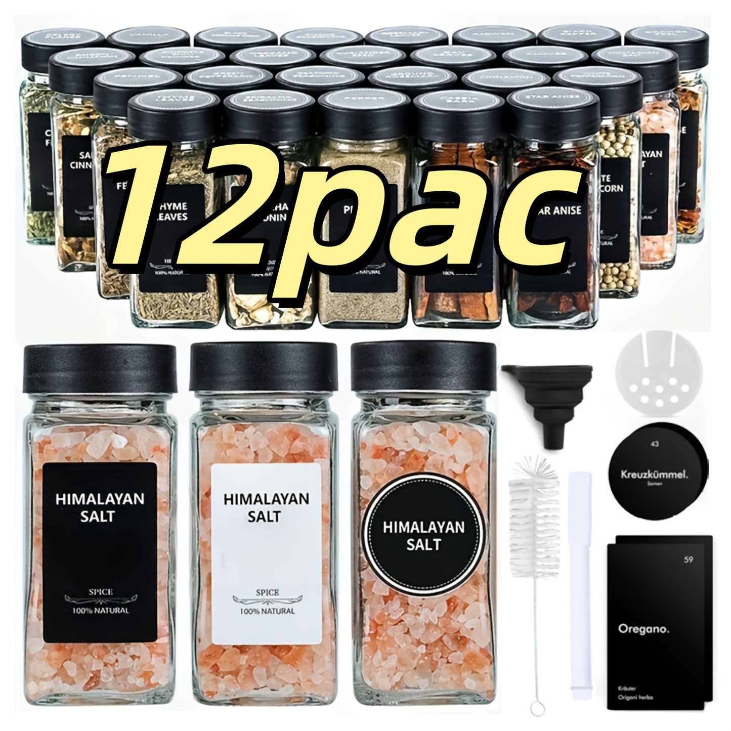 Set di 12/24/36 barattoli quadrati in vetro per spezie con etichette, contenitori ermetici da 4oz, coperchi agitatori a vibrazione e tappi di plastica sigillati, imbuto pieghevole incluso, barattoli decorativi MDecorative