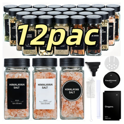 Set di 12/24/36 barattoli quadrati in vetro per spezie con etichette, contenitori ermetici da 4oz, coperchi agitatori a vibrazione e tappi di plastica sigillati, imbuto pieghevole incluso, barattoli decorativi MDecorative