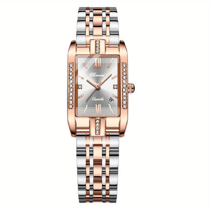 Jewelrywe Orologi Donna Analogico Quarzo Orologio da Polso Lusso Elegante Calendario con Data Strass Rettangolare Bracciale in Acciaio Inossidabile Business Casual