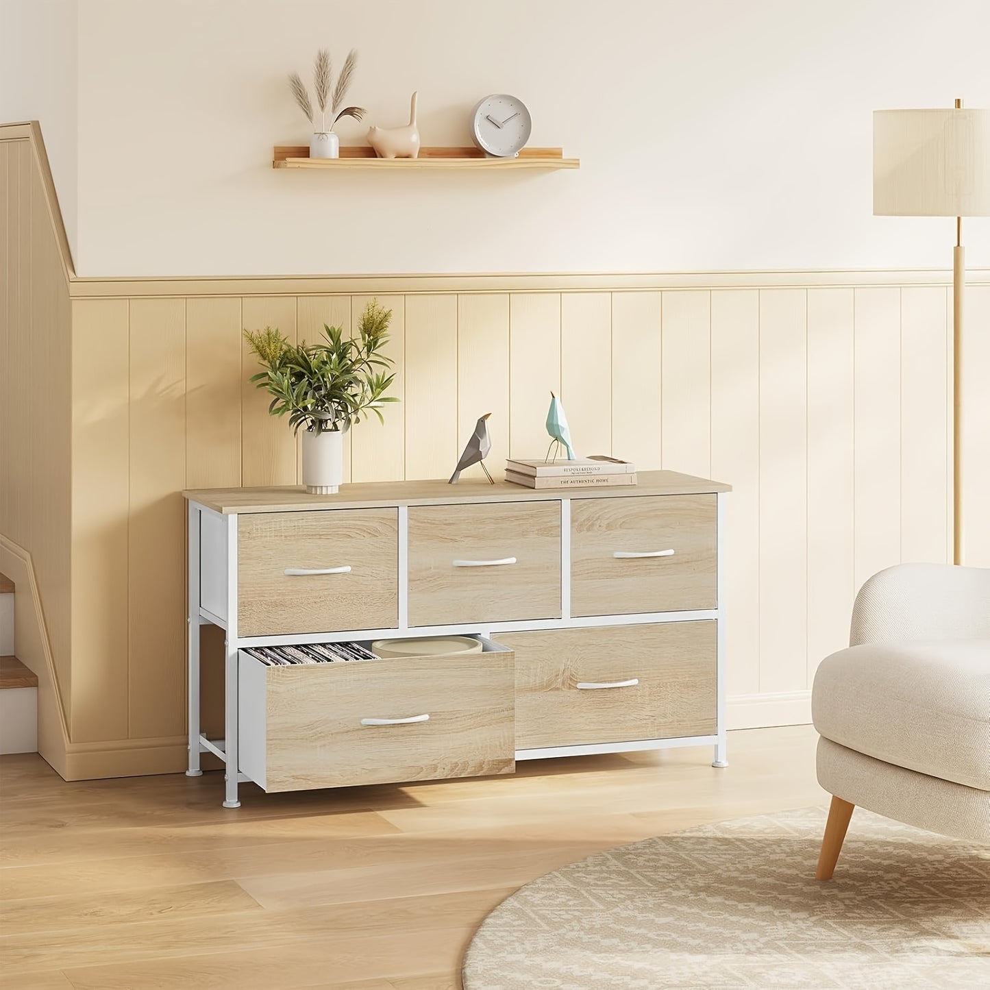 1 pz Cassettiera, Mobile a Cassetti, Telaio in Metallo, Realizzata in Legno, 5 Cassetti in Tessuto Non Tessuto, Utilizzabile come Comodino, Credenza, Mobile TV, Adatta per Camera da Letto, Soggiorno, Corridoio, Multifunzionale, Contenitore per la Casa, Ca