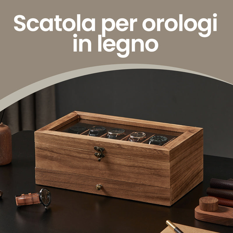 Scatola per Orologi, Porta Orologi in Legno, Scatola Portaorologi a 2 Livelli, 12 Posti, con Coperchio in Vetro, Cuscinetti per Orologi, Rivestimento in Velluto, scatola di conservazione a grande capacità per la casa, scelta ideale per i regali, scomparti