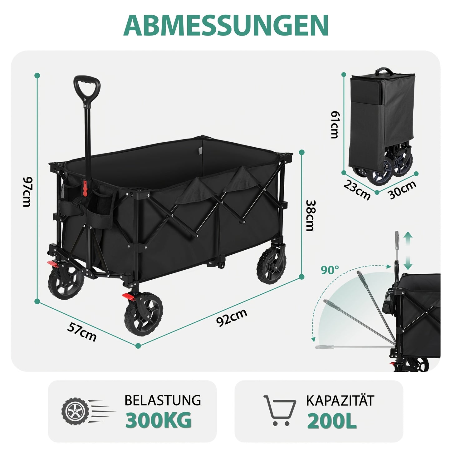 Carrello pieghevole XXL Plus 200L, capacità di carico 300KG, carrello pieghevole adatto per uso fuoristrada con freni, carrello pieghevole in quattro direzioni, verde oliva/grigio/blu/nero