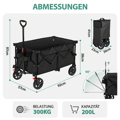 Carrello pieghevole XXL Plus 200L, capacità di carico 300KG, carrello pieghevole adatto per uso fuoristrada con freni, carrello pieghevole in quattro direzioni, verde oliva/grigio/blu/nero
