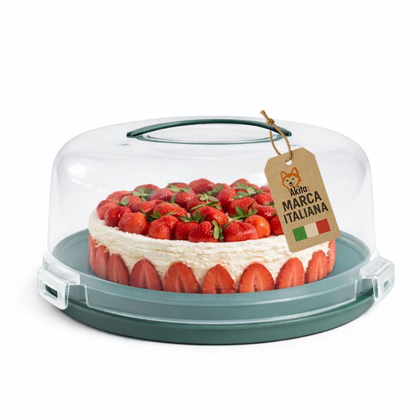 Porta Torta con Coperchio e Manico 28 cm - Campana Trasparente con 3 Chiusure di Sicurezza, Base Verde con Scomparti Portamuffin, H 15