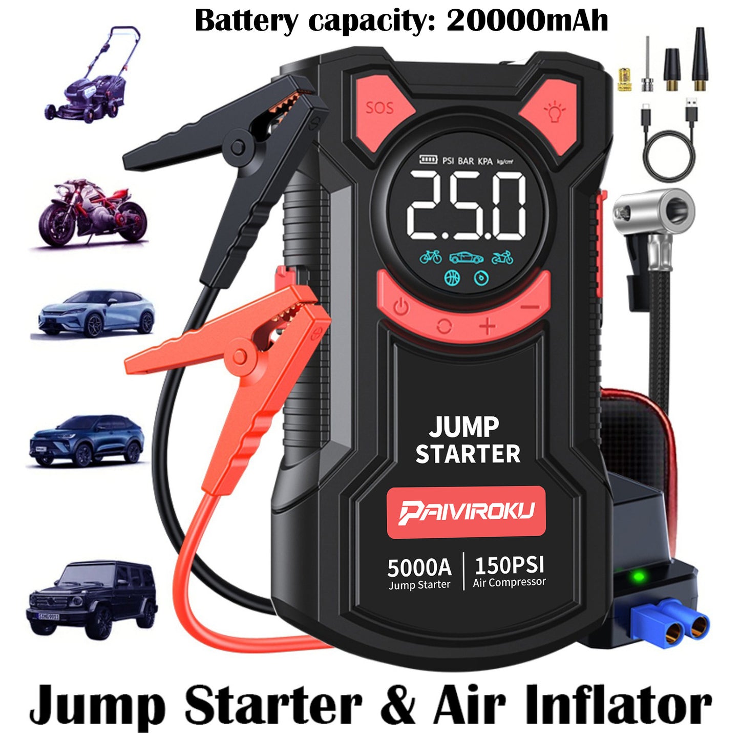 Avviatore di emergenza portatile per auto da 5000A di picco con compressore d'aria da 150PSI, caricabatteria per auto a 12V per fino a 10.0L benzina/9.0L diesel, ricarica rapida QC3.0, gonfiatore digitale per pneumatici e luce di emergenza a LED