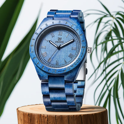 Leeev Orologio da Polso da Uomo Leggero e Distinto in Legno, Collezione Uwood Realizzato a Mano in Sandalo, Analogico al Quarzo, Vintage con Numeri Romani, in Legno Naturale