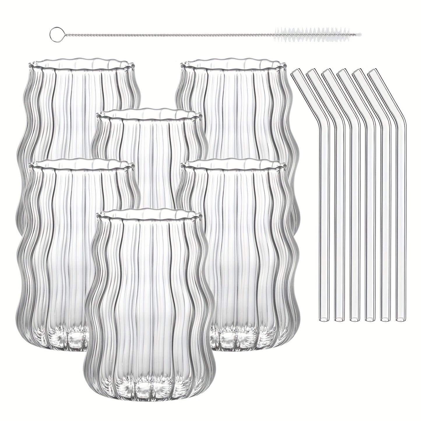 Magazzino Locale, Set di 6 Bicchieri a Strisce a Forma di Nuvola, Include 6 Cannucce, 530 ml/18 oz, Adatto per Bevande Calde/Fredde, Succo, Latte, Acqua, Gelato, Cocktail, Perfetto per Feste, Realizzato in Vetro Borosilicato, Lavabile in Lavastoviglie