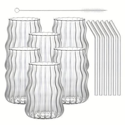 Magazzino Locale, Set di 6 Bicchieri a Strisce a Forma di Nuvola, Include 6 Cannucce, 530 ml/18 oz, Adatto per Bevande Calde/Fredde, Succo, Latte, Acqua, Gelato, Cocktail, Perfetto per Feste, Realizzato in Vetro Borosilicato, Lavabile in Lavastoviglie