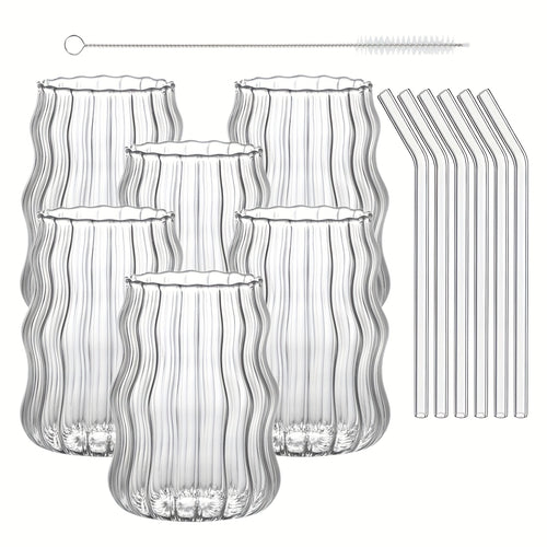 Magazzino Locale, Set di 6 Bicchieri a Strisce a Forma di Nuvola, Include 6 Cannucce, 530 ml/18 oz, Adatto per Bevande Calde/Fredde, Succo, Latte, Acqua, Gelato, Cocktail, Perfetto per Feste, Realizzato in Vetro Borosilicato, Lavabile in Lavastoviglie