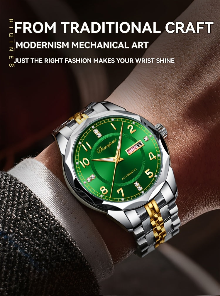 Orologio da polso meccanico automatico da uomo Dianpai - Acciaio inossidabile quadrante verde con indici dorati, indicatore della data, bracciale a catena da polso - Orologio di lusso per feste e casual, nessuna batteria richiesta, regalo ideale per lui,
