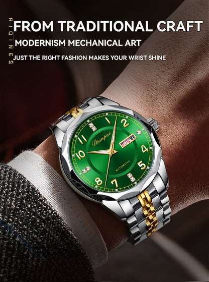 Orologio da polso meccanico automatico da uomo Dianpai - Acciaio inossidabile quadrante verde con indici dorati, indicatore della data, bracciale a catena da polso - Orologio di lusso per feste e casual, nessuna batteria richiesta, regalo ideale per lui,