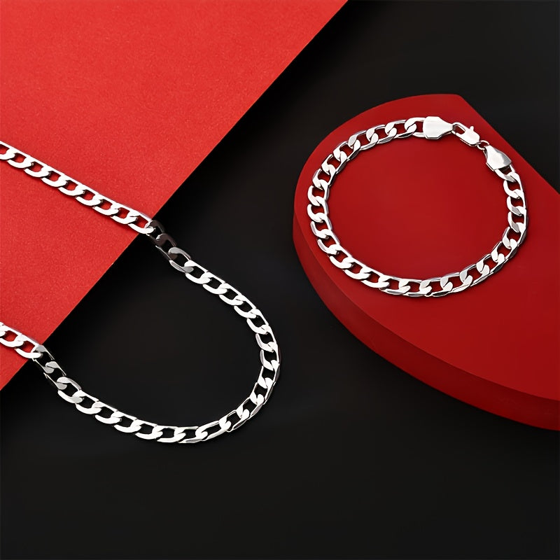 Set di gioielli placcati argento 925, collana a maglie cubane da 8 mm + braccialetto, gioielli minimalisti, regalo per San Valentino, Festa della Mamma, Festa del Papà, confezione regalo in scatola