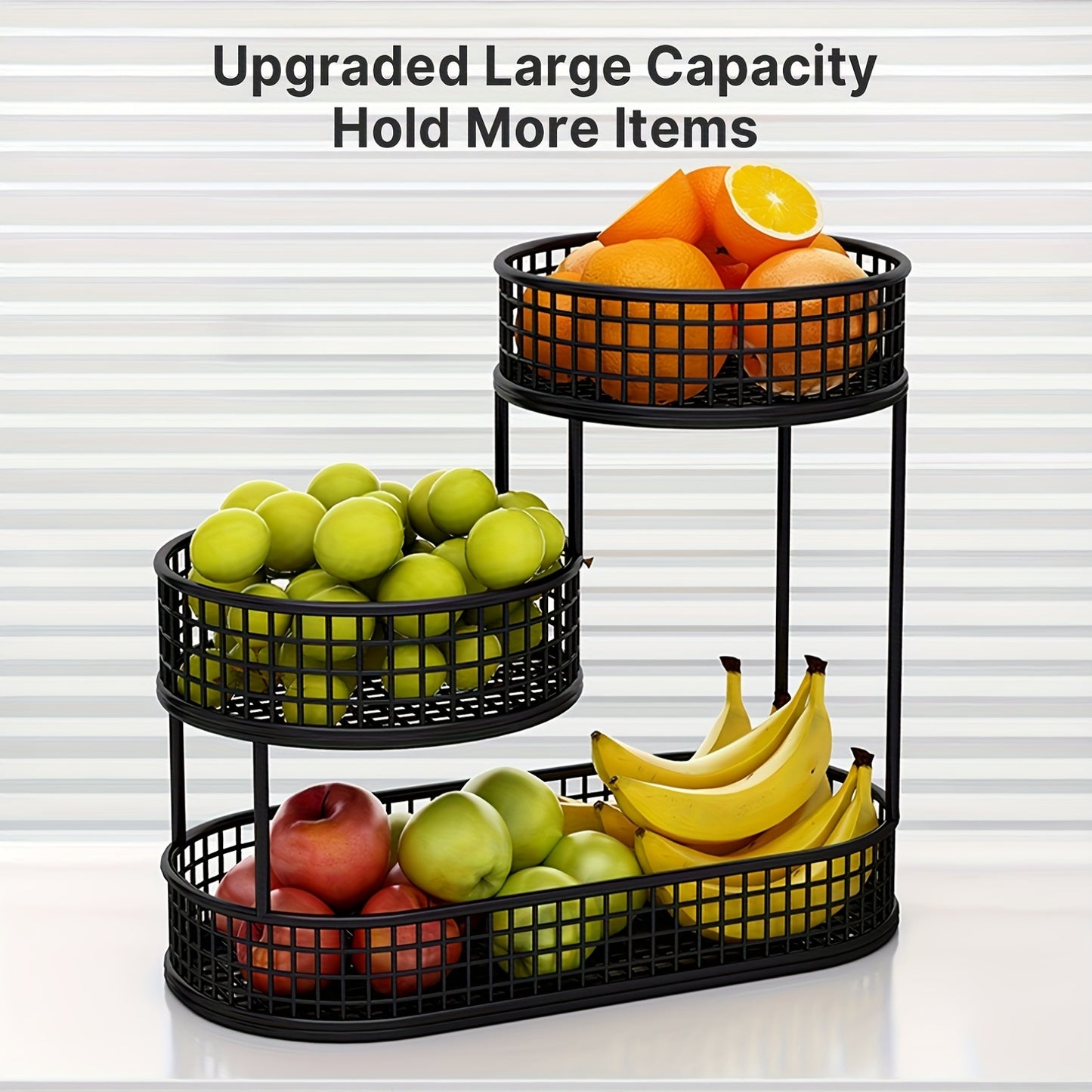 Porta Frutta a Tre Ripiani Spazioso in Metallo Nero - Stoccaggio Ottimizzato in Cucina - Ideale per Conservare Frutta, Verdura, Pane e Snack, Ottima Opzione per Natale, Perfetto per il Ringraziamento