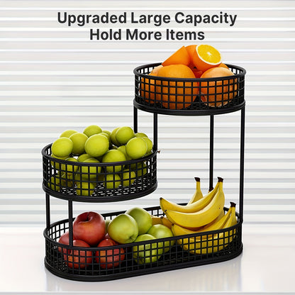 Porta Frutta a Tre Ripiani Spazioso in Metallo Nero - Stoccaggio Ottimizzato in Cucina - Ideale per Conservare Frutta, Verdura, Pane e Snack, Ottima Opzione per Natale, Perfetto per il Ringraziamento