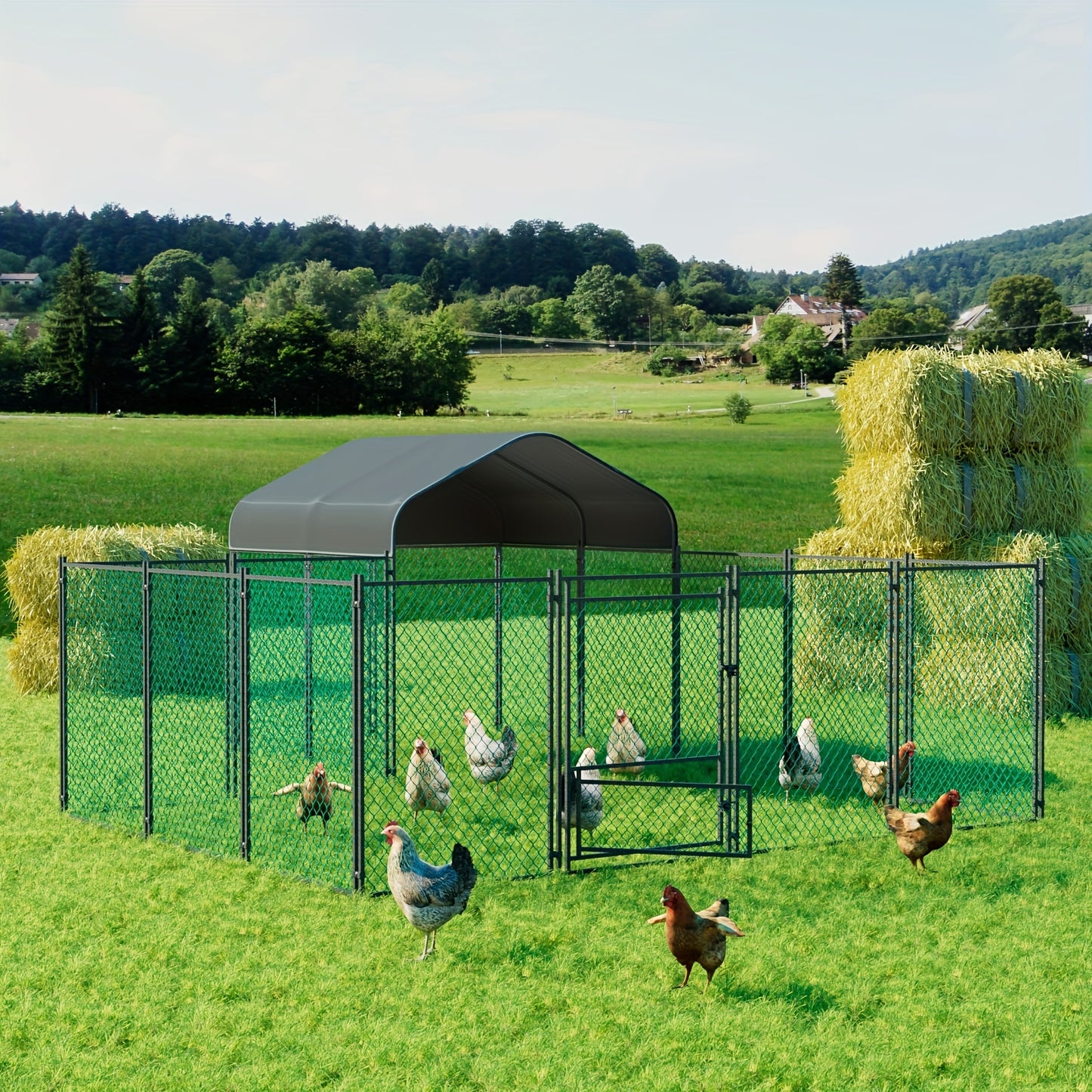 Gallinaccio da esterno in metallo: Gallinaccio in metallo zincato resistente, recinto per pollame, gabbia a visitatore, con copertura Oxford anti-ultravioletti e copertura resistente all'acqua, per galline, anatre, oche da esterno, per cortile, fattoria