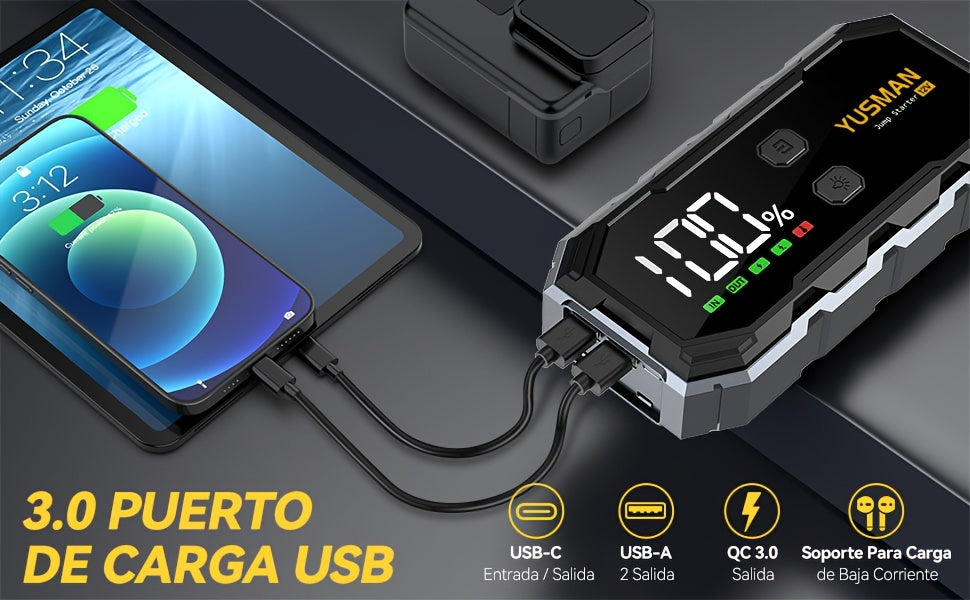 Avviatore di emergenza per auto 10000A/9500A, booster di batteria portatile 12V per tutti i veicoli a benzina/diesel fino a 10 litri, ricarica rapida QC3.0, schermo LCD, luce di emergenza a LED, borsa di stoccaggio in EVA opzionale