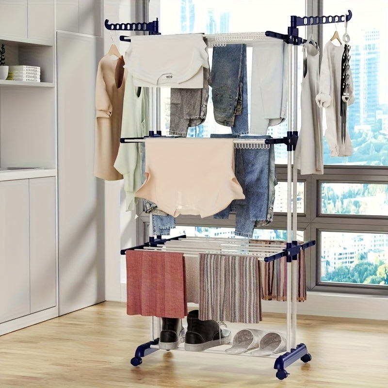 Stendibiancheria Pieghevole in Metallo Robusto a 3 Livelli con Rotelle Bloccabili - Altezza 171,96 cm, Stendibiancheria Autoportante, 24 Aste per Asciugatura, Risparmio Spazio per Interno/Esterno, Corda per Biancheria Mobile per Letto, Abbigliamento (Grig