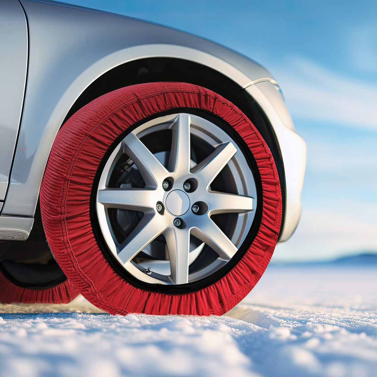 Calze da Neve Omologate Italia, Catene Da Neve Tessili Universale, Misure Disponibile XS,S,M,L,XL,XXL, Colore In Rosso, Bianco, Nero, Prodotto In EUROPA