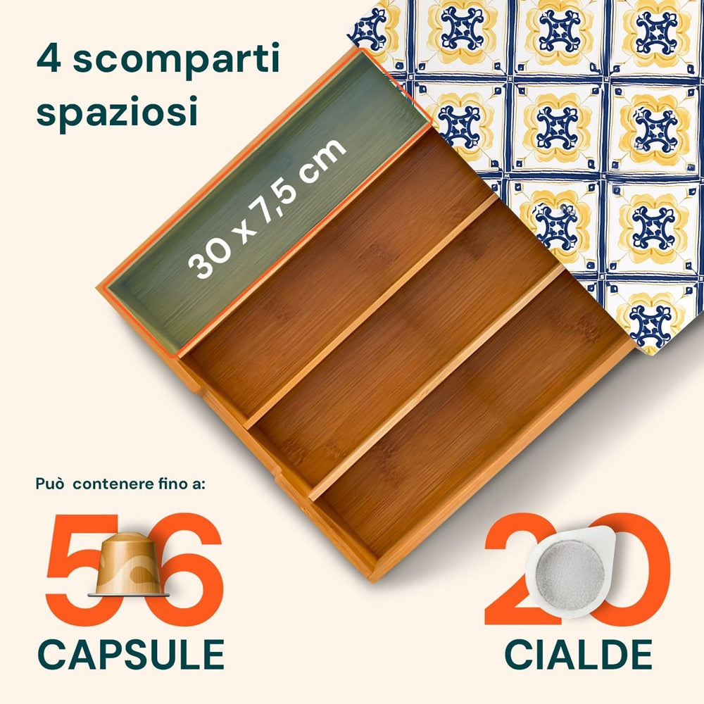 Porta cialde Organizer Bambù per Cialde con Vetro Temperato Organizer Capsule Caffè Cassetto Porta Oggetti Cassetto Minuteria Mobiletto Porta Tè Cassetto Cucito 4 Scomparti Separati
