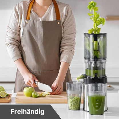 AMZCHEF Estrattore di Succo Professionale a Pressione a Freddo - Tubo di Alimentazione Extra Largo 126mm - Tecnologia a Masticazione Lenta con Funzione Inversa - per Frutta Intera, Verdure a Foglia e Ortaggi - Include 2 Bicchieri in Tritan e Spazzola per