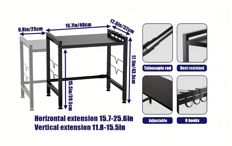 Mensola da Cucina a 2 Ripiani (Nero), Supporto da Appoggio per Cucina a Microonde, Mensola da Cucina per Forno, Portaoggetti da Cucina, Estensibile 40 - 65 Cm, con 6 Ganci, Crea uno Spazio Cucina Ordinato, Mensola da Terra, Mensola da Terra