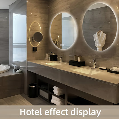 Specchio da bagno grande circolare retroilluminato con un diametro di 49,99 centimetri, adatto per hotel e uso domestico, inclusi i bagni. Viene fornito con un pulsante a pressione con funzione defogliante e un pulsante di illuminazione, imballaggio sicur