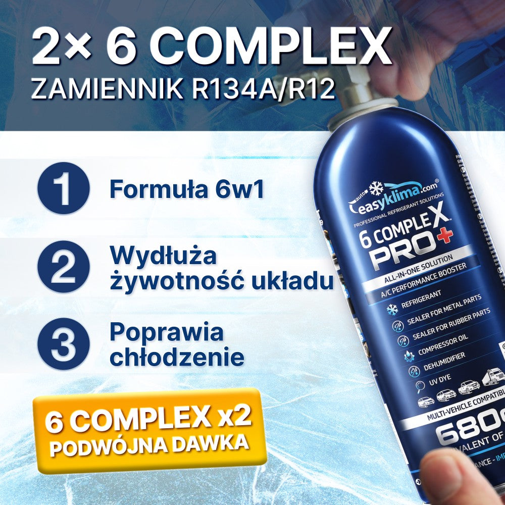 Kit 2x EasyKlima 6 Complex PRO+ R134a 6 in 1, due preparati per aria condizionata automobilistica, bombola da 680 g, agente di ricarica per impianti, sigillante per gomma e metallo, olio per compressore, essiccante per riduzione umidità, colorante UV per