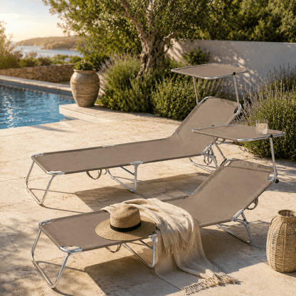 2 Lettini Prendisole Pieghevoli con Tetto Parasole, Misura 180x55x90 cm, Tessuto Textilene, Struttura Metallo Tubolare da 18mm, per Spiaggia, Piscina, Giardino, Peso Max 120kg