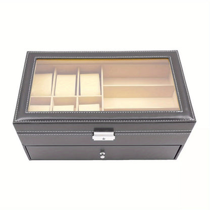 Porta Orologi in Ecopelle Nera, Custodia per Gioielli, Porta Occhiali da Vista e Porta Occhiali da Sole con Cassetto Espositore e Serratura (Porta Occhiali a 9 Scomparti e Porta Orologi a 6 Scomparti)