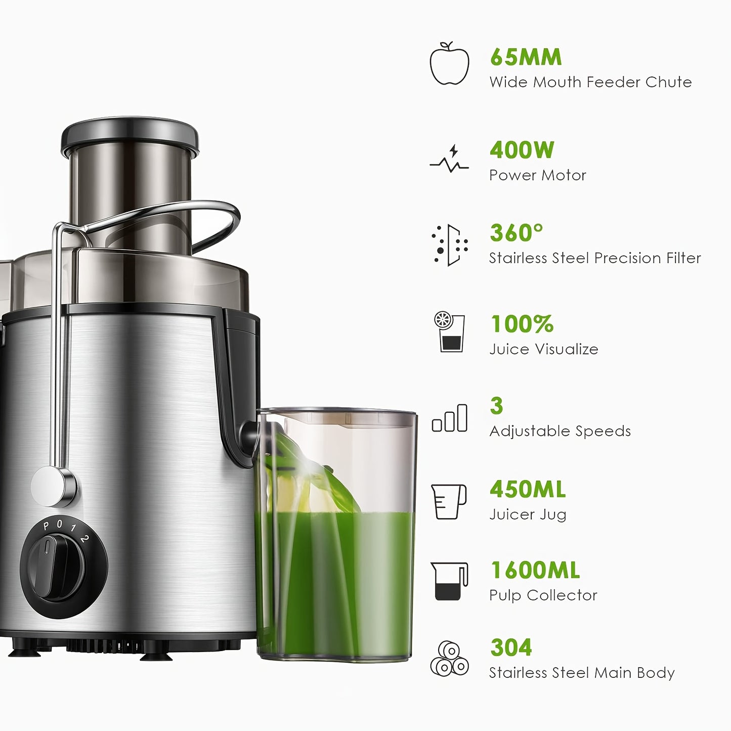 Centrifuga Estrattore, 400W con Funzione -goccia e Protezione da Surriscaldamento, Include Spazzola per la Pulizia, Estrattore per Frutta e Verdura in Acciaio Inox, 3 Velocità, Facile da Pulire, Piedini Antiscivolo, Ideale per Single o Piccole Famiglie