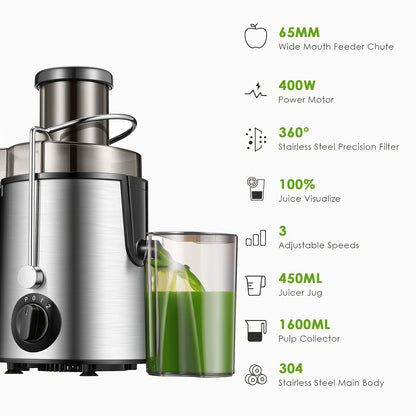 Centrifuga Estrattore, 400W con Funzione -goccia e Protezione da Surriscaldamento, Include Spazzola per la Pulizia, Estrattore per Frutta e Verdura in Acciaio Inox, 3 Velocità, Facile da Pulire, Piedini Antiscivolo, Ideale per Single o Piccole Famiglie