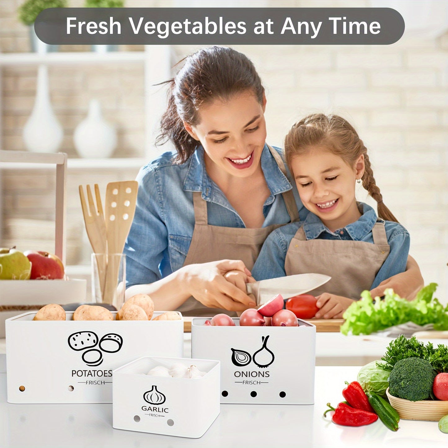 3 Pezzi Scatola per Conservare Verdure, Barattolo per Patate Cipolle Aglio, Contenitore Metallico per Verdure, Barattolo per Organizzare Dispensa e Cucina