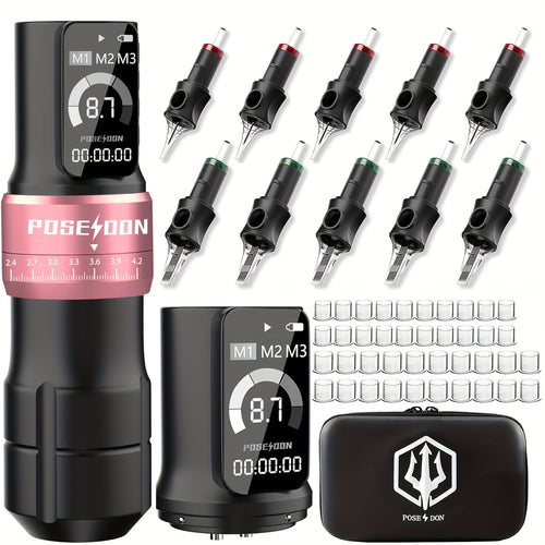 Kit Macchinetta Tatuaggio Rotante Wireless POSEIDON, Penna con Motore Senza Albero e Passo Regolabile da 2.4-4.2Mm, Due Batterie con Schermo Digitale da 2300Mah, Include 10 Aghi per Tatuaggio e Altre Accessori