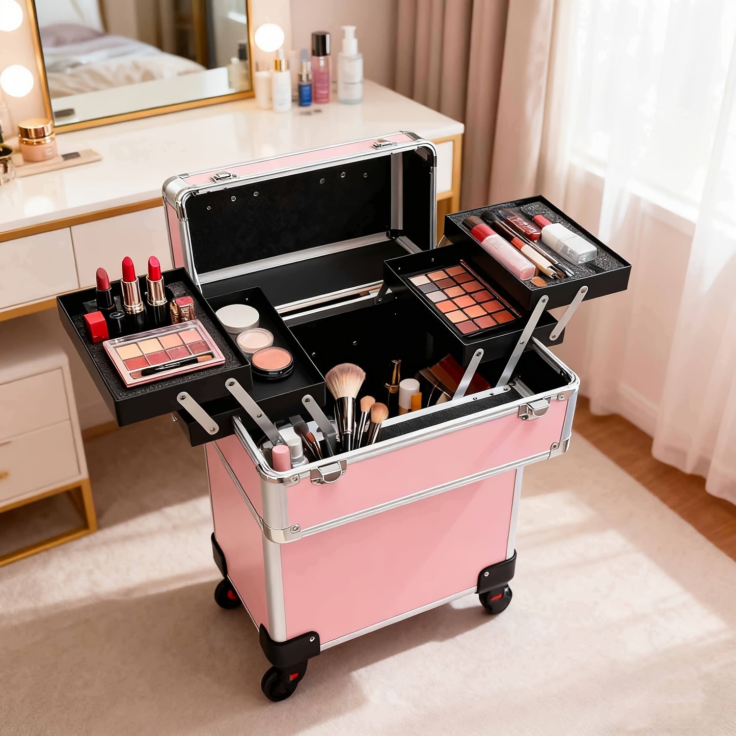 Valigetta per Trucco con Ruote, Beauty Box con Ruote, Ampio Spazio di Stoccaggio, Design Resistente, Regalo Ideale per Truccatori, Parrucchieri e Nail Artist, Organizer di Bellezza Portatile per Viaggi o Uso in Salone