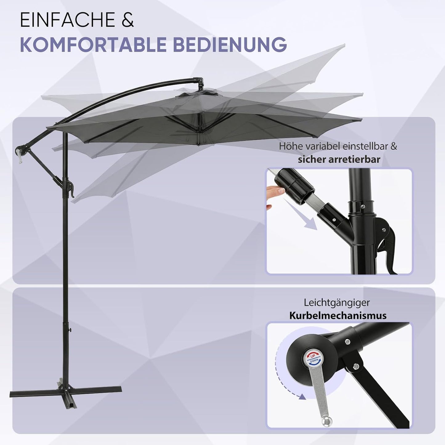Ombrellone a banderuola Sekey 300 cm con tettuccio inclinabile, ombrellone con palo in alluminio da 48 mm e 6x stecche in acciaio, ombrellone da giardino e terrazza rotondo pieghevole, inclusa cinghia aggiuntiva antisgambo