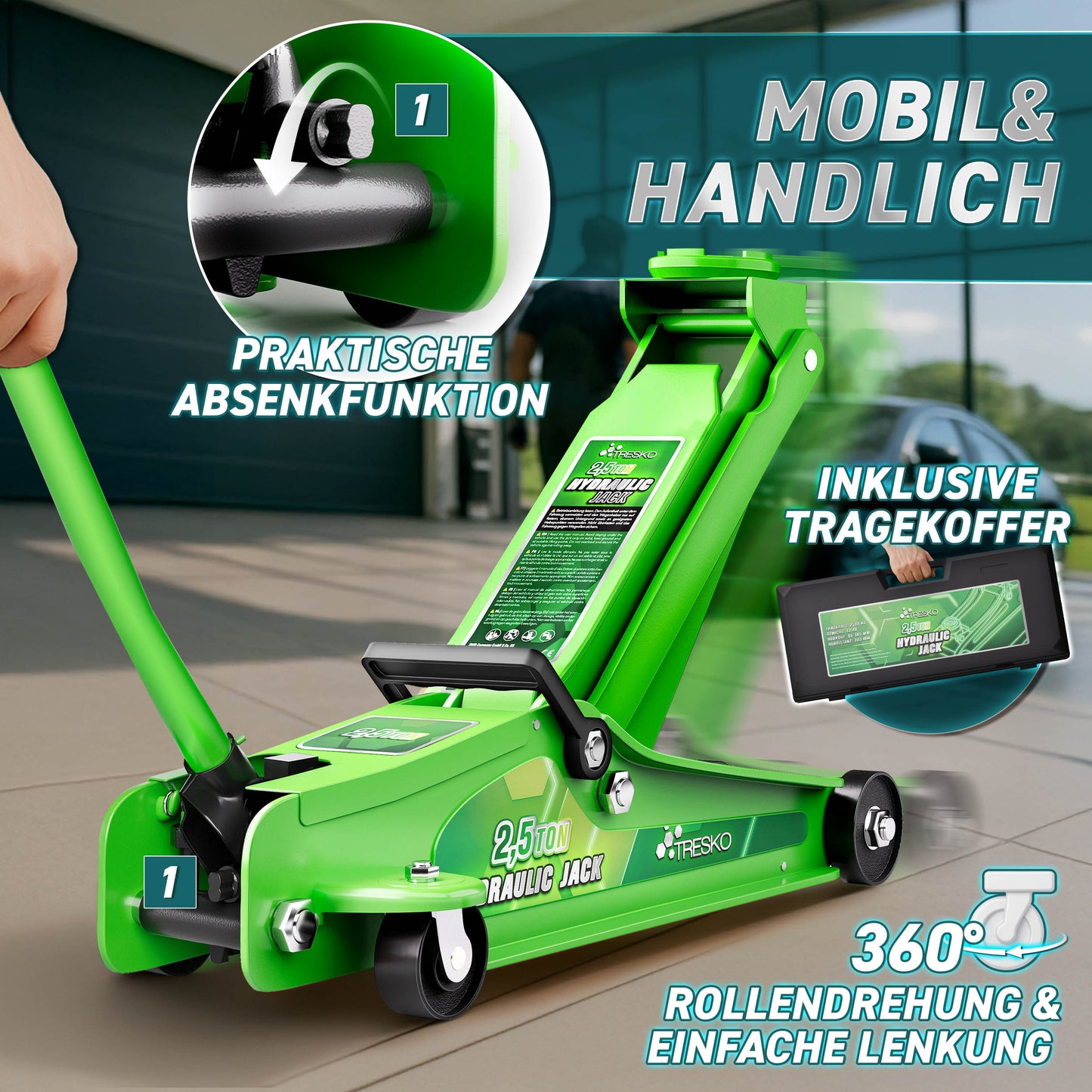 Cric idraulico per auto TRESKO® 2.5 - 3T | Cric idraulico per spostamento auto e SUV con ruote piane e a 360°, include 2 guarnizioni in gomma, tappetino protettivo, guanti