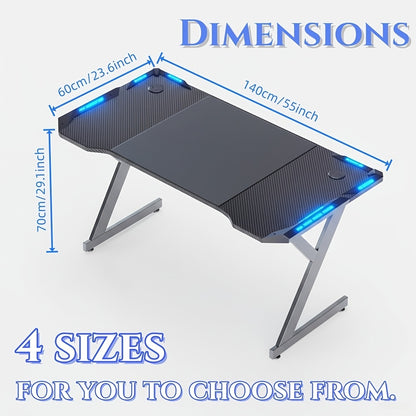 Scrivania da Gaming a Forma di Y con Luci LED RGB, Superficie in Fibra di Carbonio, Tavolo per Computer Ergonomico con Portabicchieri e Gancio per Cuffie, Postazione di Lavoro per Gamer, Ideale per Setup pz in Camera da Letto, Regalo di Natale, Compleanno