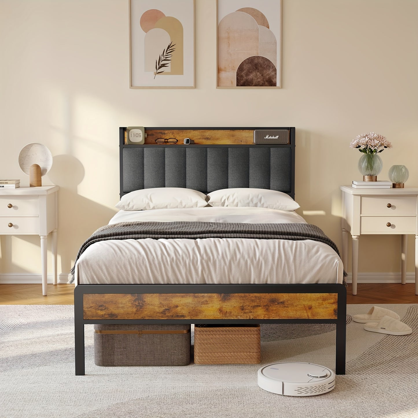 Letto matrimoniale elegante in legno imbottito con struttura in metallo, con rete a doghe in legno e testiera di supporto - Perfetto per qualsiasi camera da letto (Grigio scuro, Grigio)