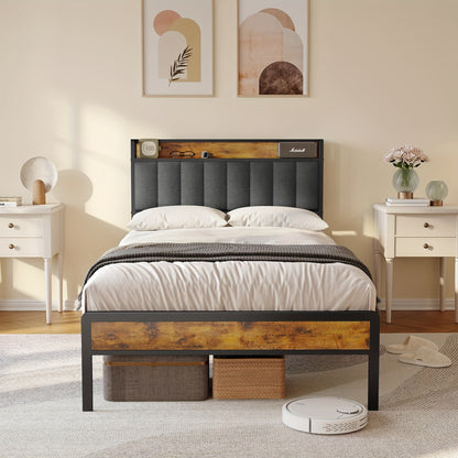 Letto matrimoniale elegante in legno imbottito con struttura in metallo, con rete a doghe in legno e testiera di supporto - Perfetto per qualsiasi camera da letto (Grigio scuro, Grigio)
