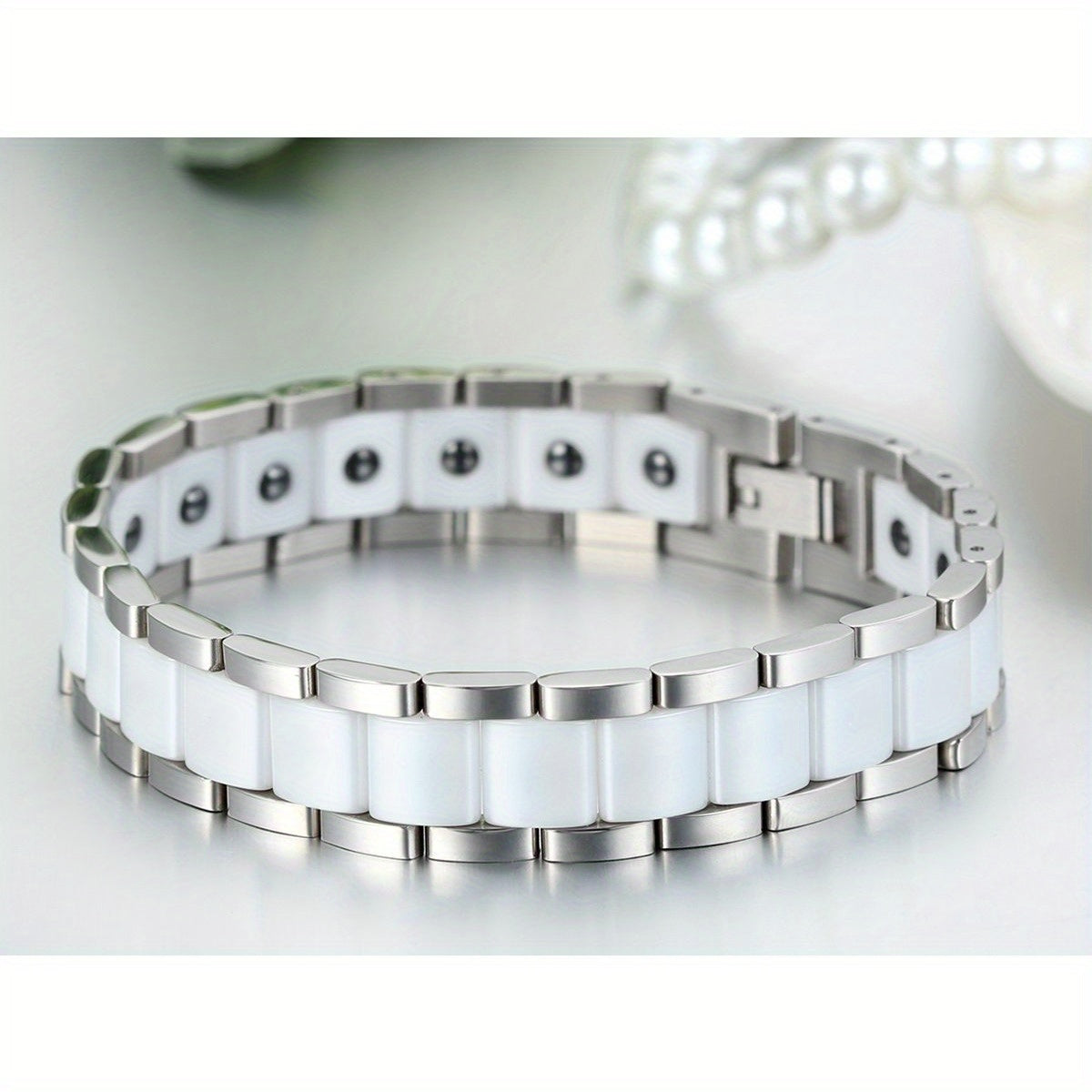 Bracciale Magnetico Uomo JewelryWe, Bracelet Ceramica Moda a Link Rettangolari in Oro Argento Nero Bianco Stile Moderna, Gioiello Benessere Design Classici e Contemporanee di Alta Qualità per Polso Unisex Accessorio Casual