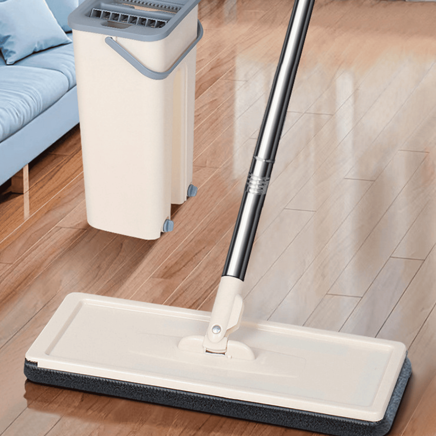 Set Mocio Piatto con Secchio a Doppia Camera e 2 Panni in Microfibra, Kit Completo per Pulizia Rapida e Igienica, Sistema Moderno di Risciacquo e Strizzatura Senza Sporcare le Mani, Ideale per Piastrelle e Parquet, Asta Telescopica Regolabile, Pulizia dei
