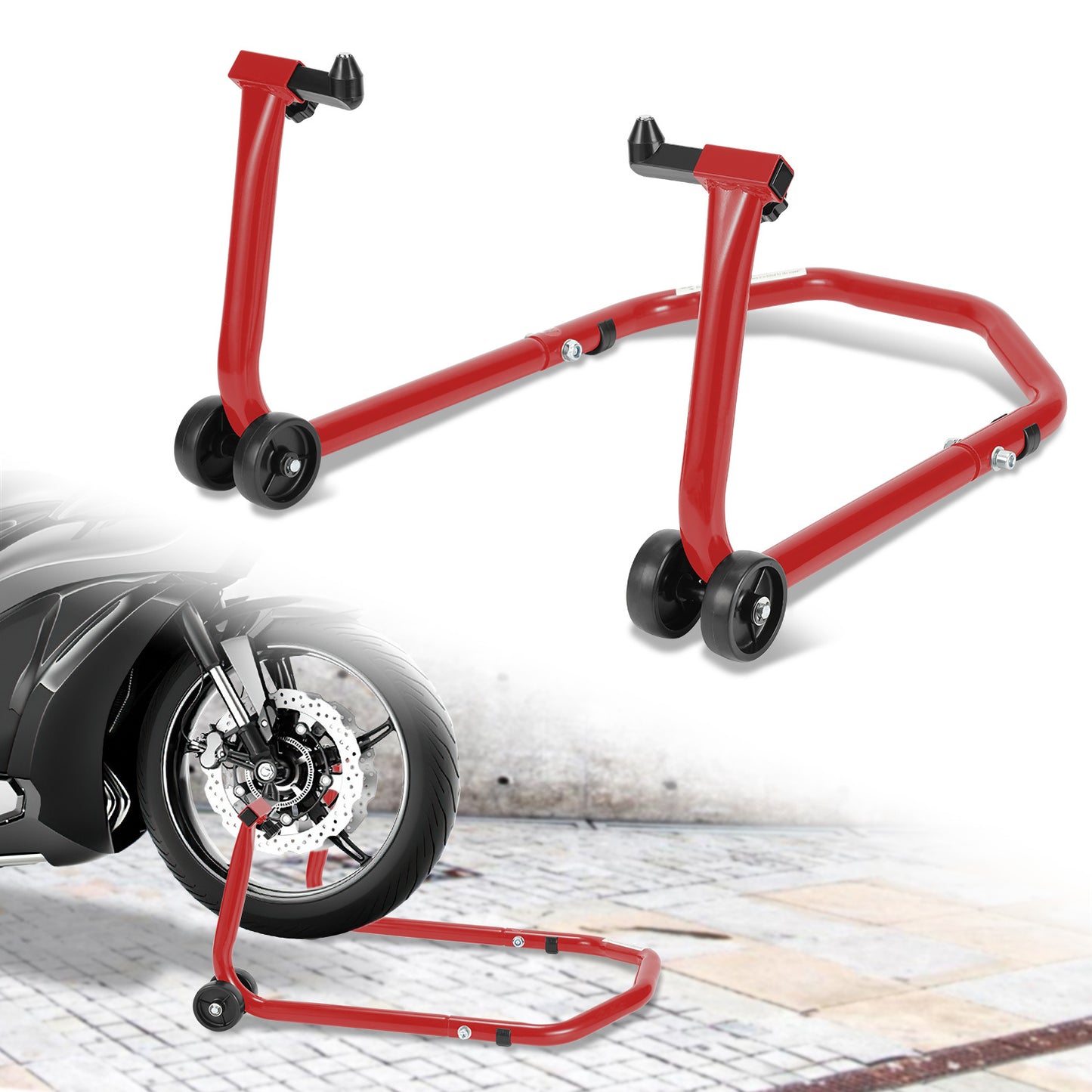 Cavalletto per moto anteriore/trasversale, cavalletto di assemblaggio per moto fino a 300 kg, sollevatore per moto, cavalletto a bilanciere per moto con doppia ruota, cavalletto per moto ad alta stabilità (Nero/Rosso)