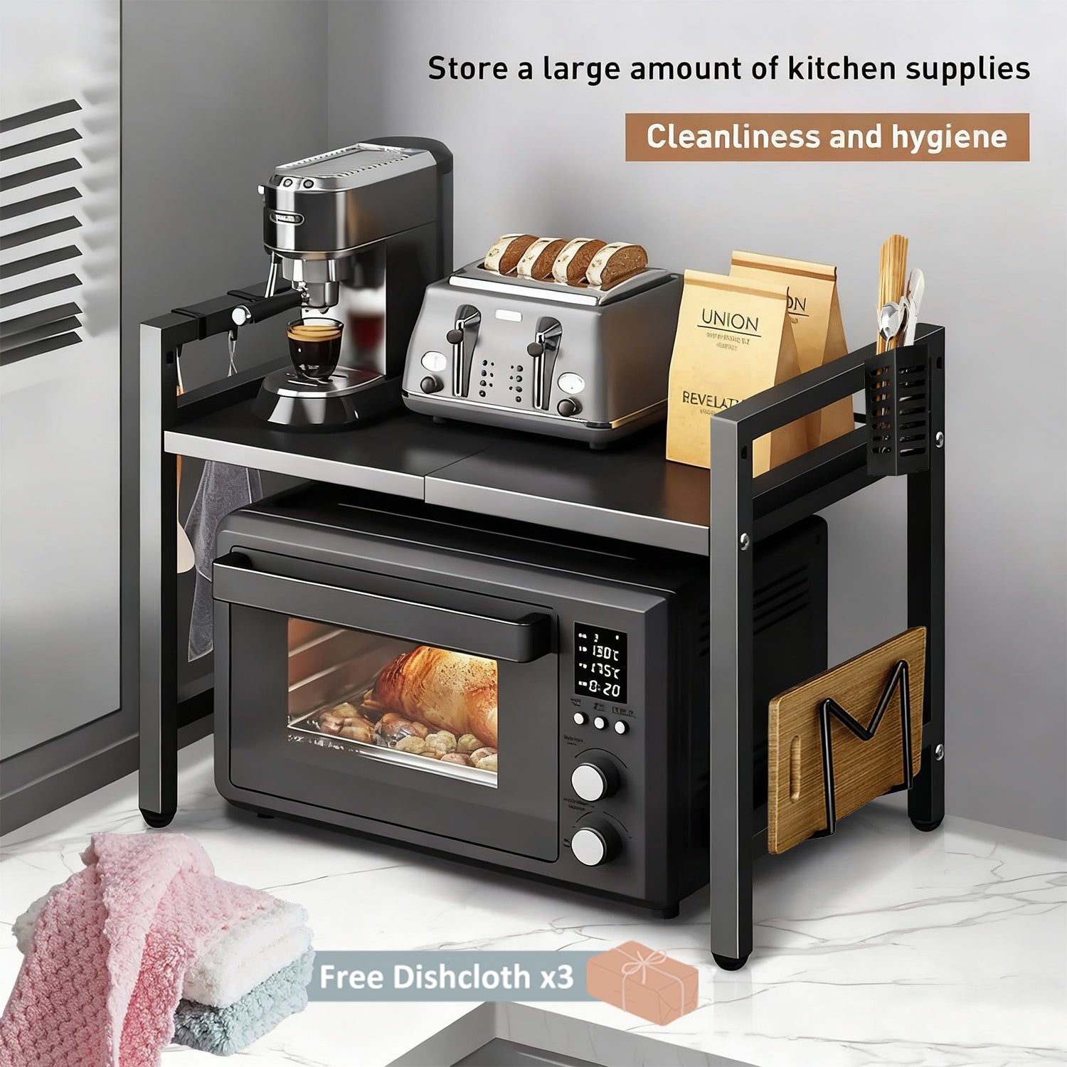 Scaffale Estensibile per Microonde, Scaffale a 2 Ripiani per Microonde con 3 Asciugamani, 5 Ganci, Porta Bacchette e Porta Tagliere, Organizer da Cucina, Scaffale per Cottura a Microonde, Piano di Lavoro, Estensibile 40-64 Cm (Nero, Bianco)