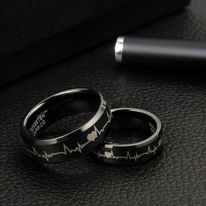 Anello di coppia JewelryWe in carburo di tungsteno con cuori e battito cardiaco, anelli per partner, anelli 'amicizia, fedi nuziali, anelli di fidanzamento, fascia, nero
