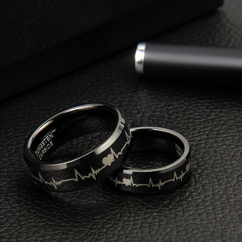 Anello di coppia JewelryWe in carburo di tungsteno con cuori e battito cardiaco, anelli per partner, anelli 'amicizia, fedi nuziali, anelli di fidanzamento, fascia, nero