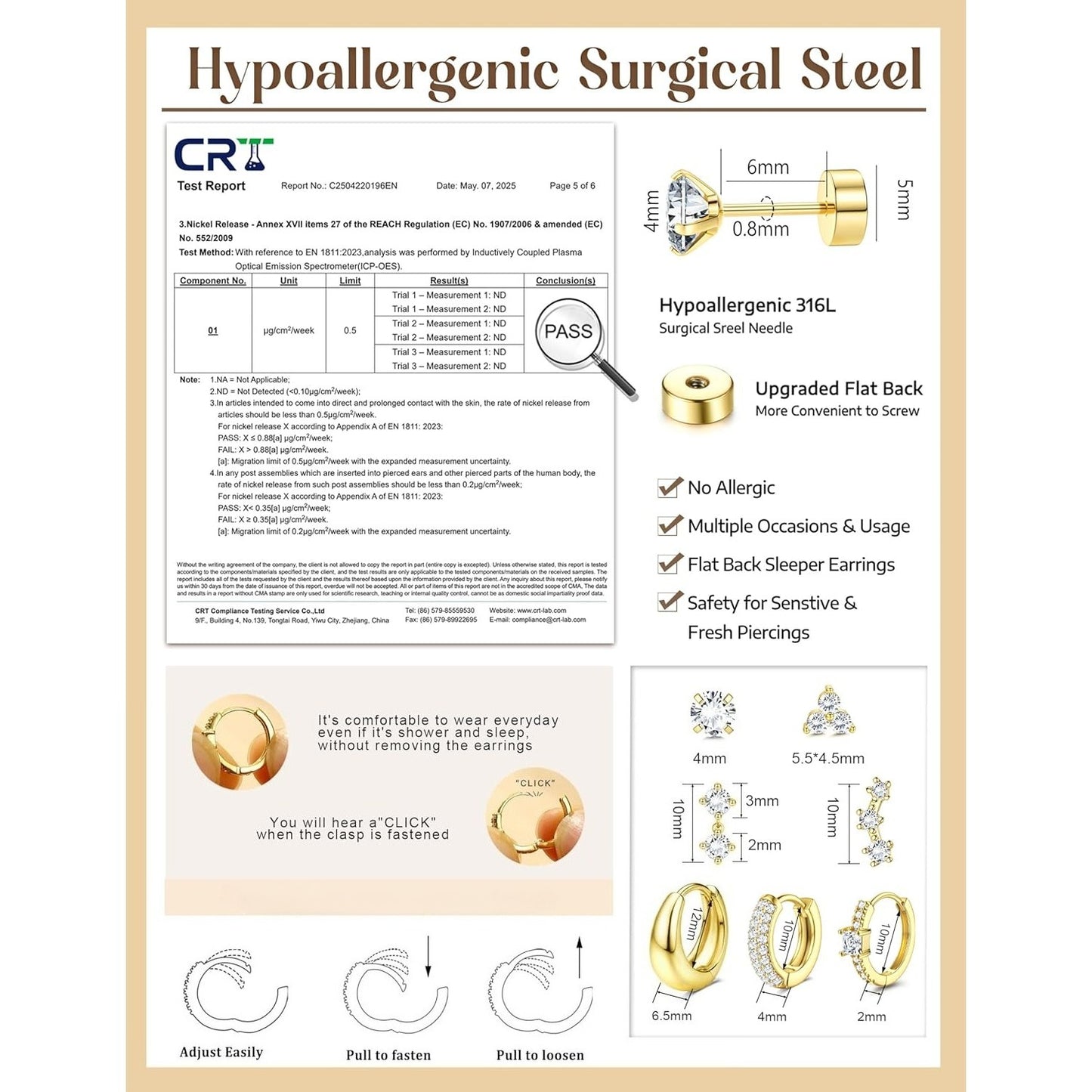 2D Flat - 7 Paia di Orecchini a Cerchio per Donna Ipoallergenici Acciaio Chirurgico 316L Orecchini a Cerchio con Retro Piatto Piccoli Orecchini a Cerchio Set di Orecchini a Tappo per Piercings Multipli