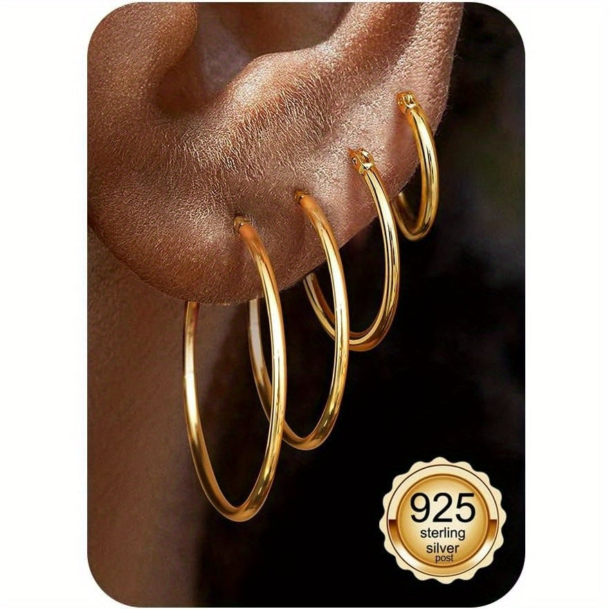 4 Paia di Orecchini a Cerchio in Argento 925 per Donne - Set di Orecchini a Cerchio Piccoli Placcati Oro 14K, Leggeri e Ipoallergenici per Orecchie Sensibili - Orecchini a Cerchio Medi e Grandi per Regalo Donna