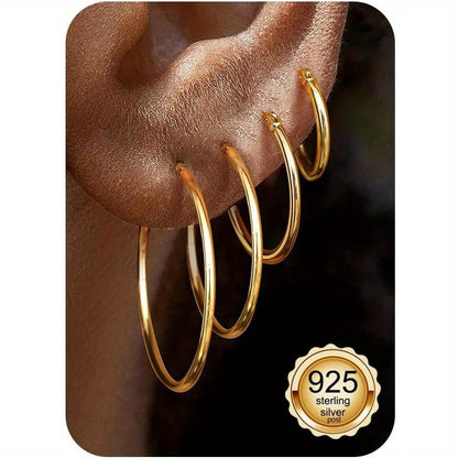 4 Paia di Orecchini a Cerchio in Argento 925 per Donne - Set di Orecchini a Cerchio Piccoli Placcati Oro 14K, Leggeri e Ipoallergenici per Orecchie Sensibili - Orecchini a Cerchio Medi e Grandi per Regalo Donna